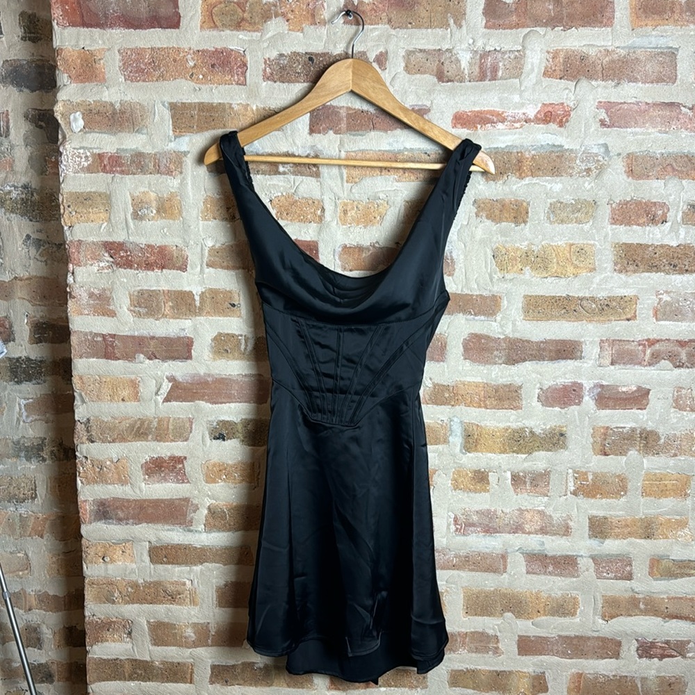UO Black Silk Corset Open Back Bow Dress